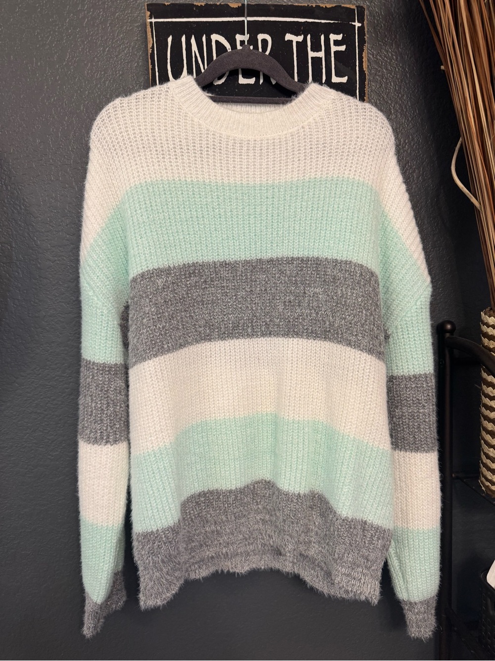 Cozy Striped Crewneck Sweater in Mint, Gray & Cream. Medium. New!